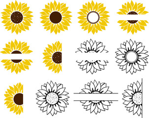 Sunflower vector illustration Bundle. Sunflower Monogram Set 02, Sunflower isolated. Botanical floral illustration. Yellow summer flower, Black Yellow Sunflower Monogram set