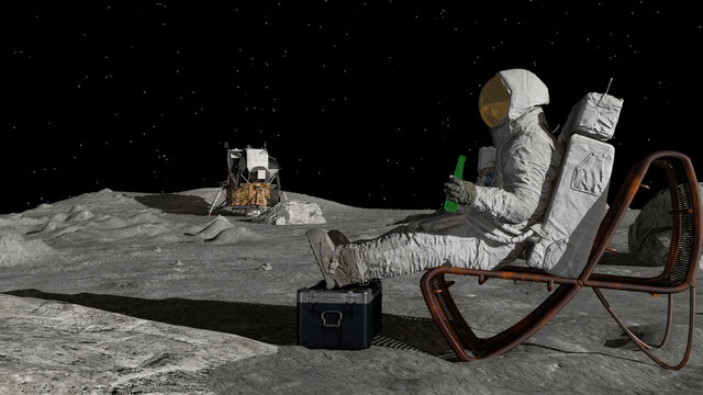 3D rendering. Lunar astronaut drinking beer sitting in easy beach chair on Moon surface, enjoying view of Earth. CG Animation. Elements of this image furnished by NASA.