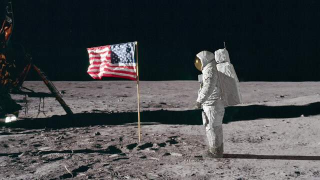 3D rendering. Astronaut saluting the American flag. Elements of this image furnished by NASA.