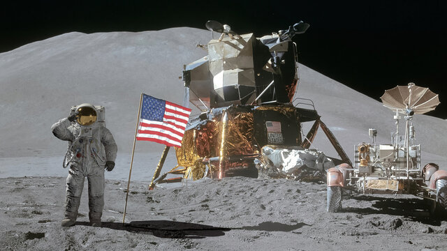3D rendering. Astronaut saluting the American flag. CG Animation. Elements of this image furnished by NASA.
