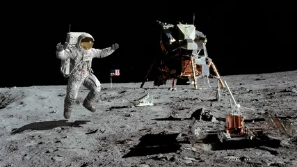 Fotobehang 3D rendering. Astronaut jumping on the moon. CG Animation. Elements of this image furnished by NASA. © merlin74