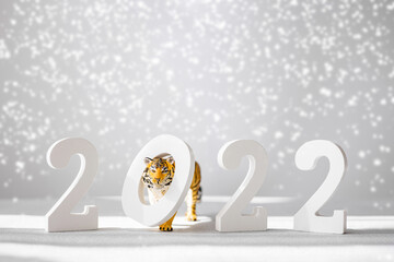 Number 2022 and figurine of tiger isolated on grey background with snow. Tiger symbol of the...
