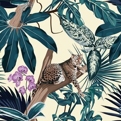 Colorful floral night pattern with tiger leopard sleeping on the tree and exotic tropical leaves illustration. Fashion ornament on yellow background. © Iuliia