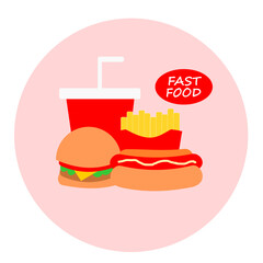 Fast Food Classic American Cheese Burger Set with Grilled Meat, Crispy Fried Chicken Legs, French Fries and Soft Drink Cup Flat Vector Illustration Isolated on pink Background