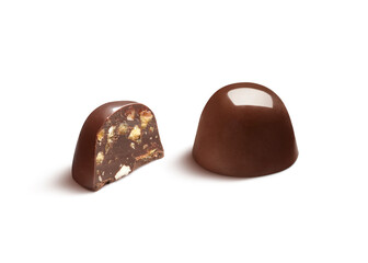 Delicious one and a half chocolate bonbon with nuts, isolated