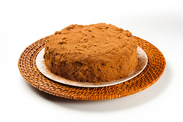 Whole tasty chocolate cake with powdered cacao, isolated