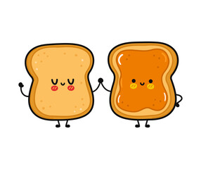 Cute, funny happy toast and toast with peanut butter character. Vector hand drawn cartoon kawaii characters, illustration icon. Funny cartoon toast and toast with peanut butter friends concept