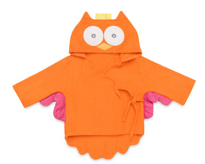 Orange soft baby robe with cute owl hood, isolated