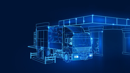 Polygonal 3d Electric Car Charging Station with Truck in dark blue background. Online cargo delivery service, logistics or tracking app concept. Abstract vector illustration of online freight delivery