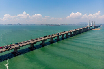 Penang Bridge from an aerial perspective. A 13.5KM length dual carriageway bridge in the state of Penang, Malaysia.