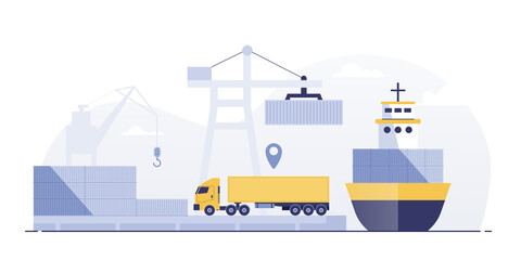 Ports with cargo ships and containers work with crane.