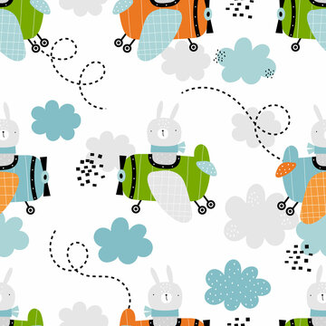 Vector hand-drawn seamless childish pattern with cute bunny pilot on the plane on a white background. Kids texture for fabric, wrapping, textile, wallpaper, apparel. Rabbit flying on a airplane.