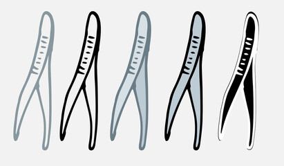 Set of medical scalpels in gray color vector icon. A set of metal scalpel drawn in doodle style isolated black outline and silhouette on a white background for a medical design template