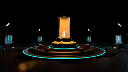 Capsule glass tube stand in center and around in futuristic hi-technology conceptual for sci-fi or...