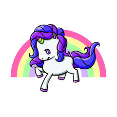Cute Kawaii Unicorn Cartoon With Purple Hair Vector Illustration
