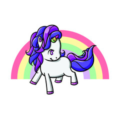 Cute Kawaii Unicorn Cartoon With Purple Hair Vector Illustration