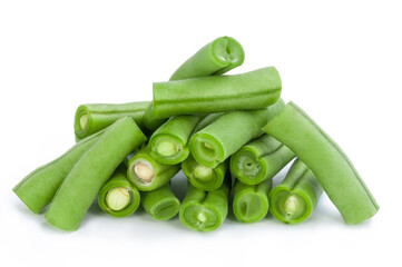 fresh ripe sliced  green bean pods isolated on white background