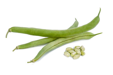 fresh ripe green bean pods and seeds isolated on white background
