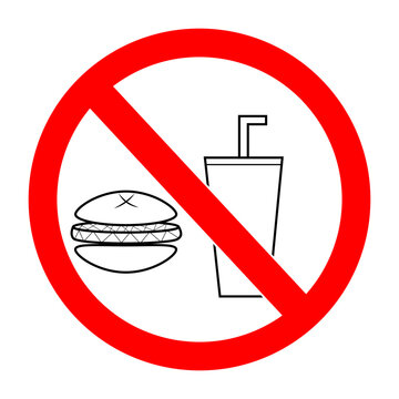 Sign of prohibition of food and drink in a place.
Eating or drinking is not allowed in this area. Vector image to restrict food and drink