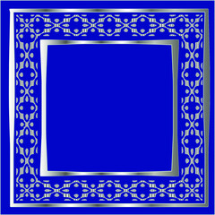 silver frame for design template. Elegant element for design in Eastern style, place for text.on a blue background. Lace vector illustration for invitations and greeting cards