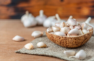 Garlic Cloves and Bulb in  wooden bowl.