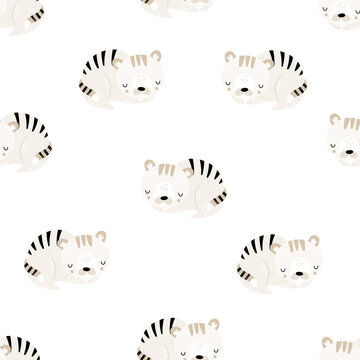 Seamless childrens hand-drawn pattern with cute sleeping tigers. Creative trendy kids texture for fabric, wrapping, textile, wallpaper, apparel.Vector illustration. Sleeping animals.