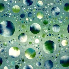 Seamless abstract circle geo pattern surface print. High quality illustration. Gorgeous design of random packed circles filled with tie dye patches. Psychedelic modern floor swatch. Textured material.