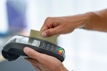 Hand holding a credit card, spending money on a bank credit card swipe machine at a shopping mall. The concept of convenience in purchasing power