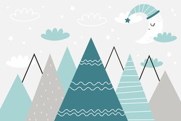 Vector children hand drawn color mountain illustration in scandinavian style. Mountain landscape, clouds and cute moon. Kids wallpaper. Mountainscape, baby room design, wall decor. © ZHUKO