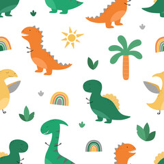 Seamless pattern with dinosaurs and natural elements. Funny dino in a cartoon style. Vector illustration. Suitable for printing on fabric, wallpaper, wrapping paper