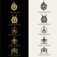 Lion with crown. lion head logo template vector. suitable for company logo, print, digital, icon, apps, and other marketing material purpose. lion head logo set