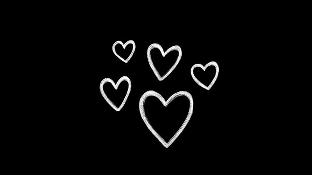 White hand drawn doodle hearts, looping stop motion animation on a black background