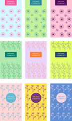Vector abstract drawn floral print. Organic cosmetics. Flowers. Herbs. Outline. Vertical eps design template  
for packaging or label of beauty industry products.