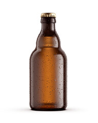 33cl fresh Steinie beer bottle with water drops on white background, suitable for presentation,...