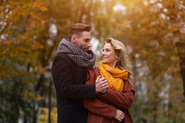 Fototapeta premium Portrait of a couple in love. Handsome man and a woman hugged from behind smile looking at each other in the autumn park. Outdoor shot of a young couple in love having great time. Autumn toned image. 
