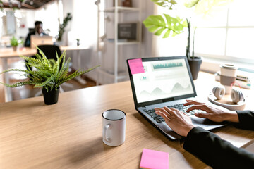 Business trader woman working on crypto currency markets in creative co-working studio - Decentralized finance and stock exchange concept