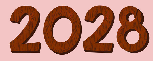 Wooden numbers.Wooden texture. Vector work. Merry Christmas and Happy New Year 2028 decorations.