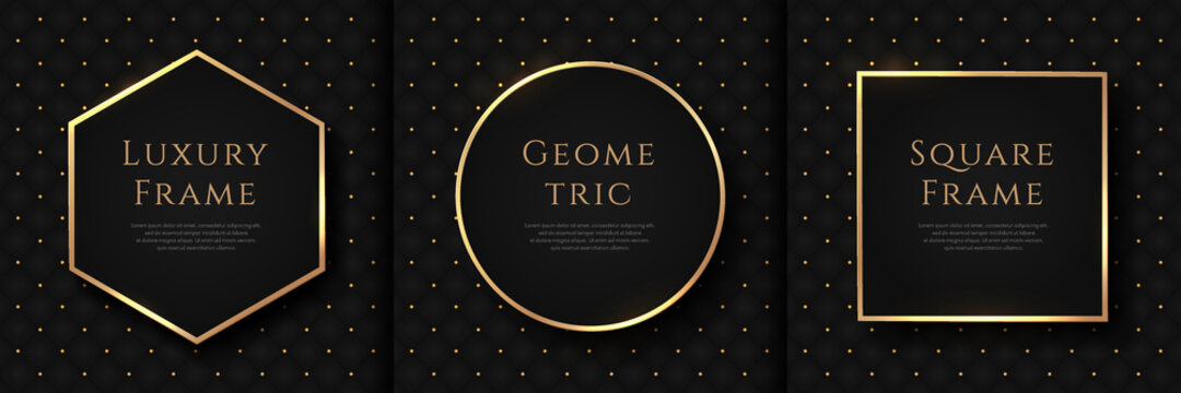 Set Of Abstract Luxury Black Square Pattern And Gold Dots Background With Golden Geometric Frame Design. Modern And Minimal Black And Gold Template Collection With Copy Space. Vector Illustration