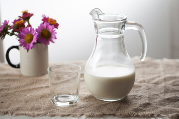 Obraz na płótnie Canvas A jug of milk and a glass in a rustic style on a burlap tablecloth