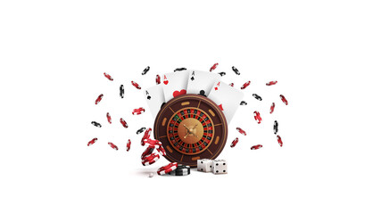 Casino Roulette wheel with poker chips and playing cards isolated on white background. Big win in roulette