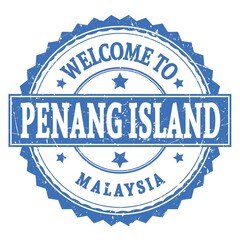 WELCOME TO PENANG ISLAND - MALAYSIA, words written on light blue stamp