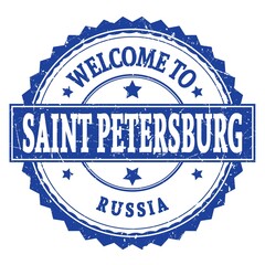 WELCOME TO SAINT PETERSBURG - RUSSIA, words written on russian blue stamp