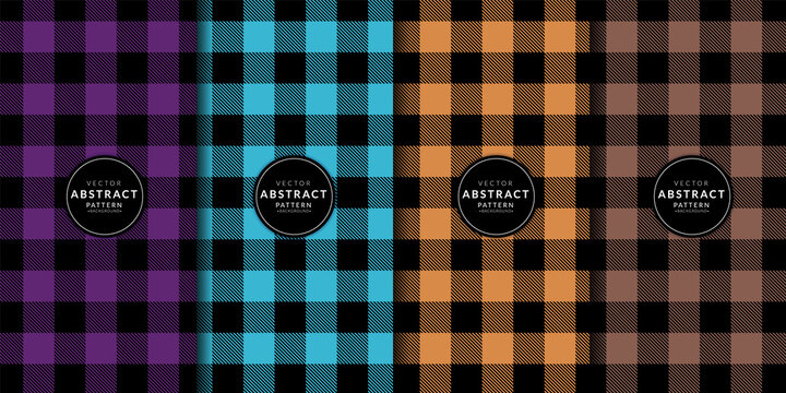 Abstract geometric tartan check pattern collection. Buffalo check plaid purple, blue, orange, brown. Endless texture with decorative fabric. Gingham wrapping paper.
