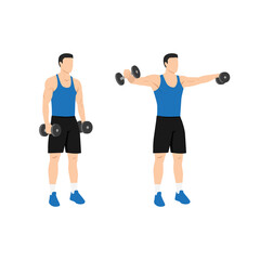 Fototapeta na wymiar Man doing Lateral side shoulder dumbbell raises. Power partials exercise. Flat vector illustration isolated on white background