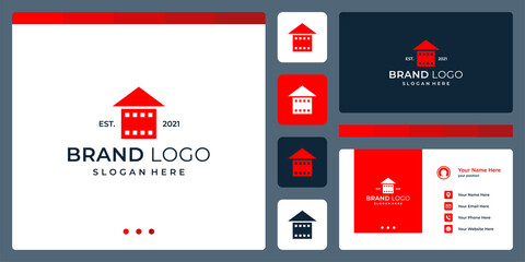 logo that combines house shapes and film srip. business cards.