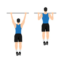 Fototapeta na wymiar Man doing pull ups exercise. Flat vector illustration isolated on white background
