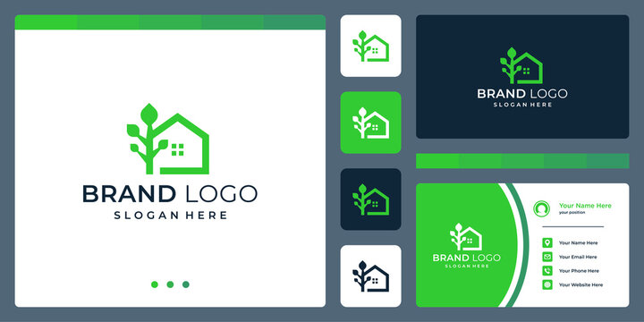 House building logo design template with leaf tree design graphic vector illustration. Symbol, icon, creative.