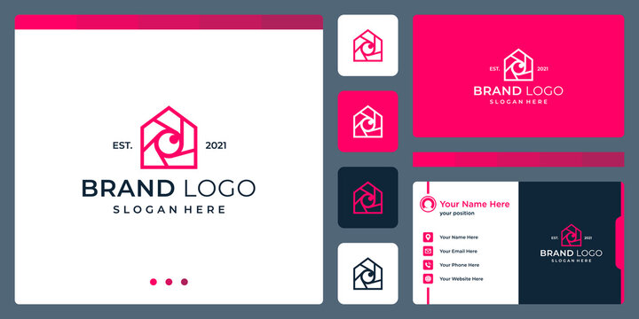 logo that combines house shapes and camera and lens. business cards.