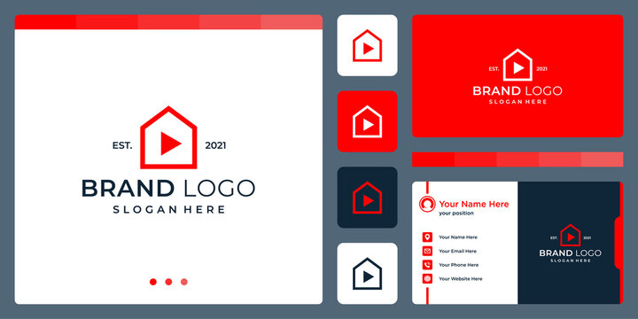 House building logo design template with play video symbol design graphic vector illustration. Symbol, icon, creative.