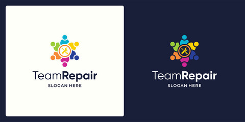 Social Network Team logo design template with repair equipment and colorful style design graphic vector illustration. Symbol, icon, creative.